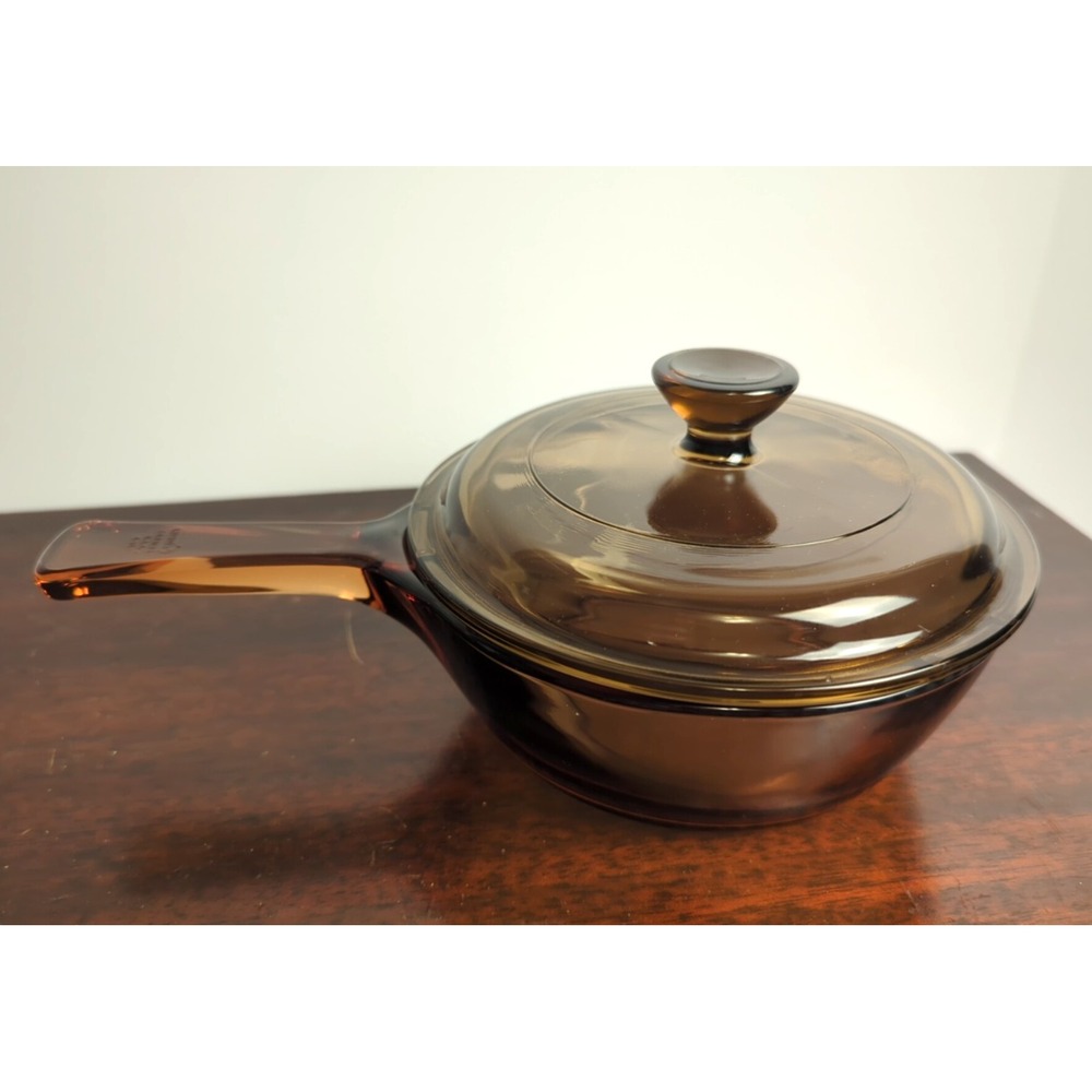 Visions Corning Amber Pyrex Glass 0.5L Sauce Pan Pot with Lid USA Vintage